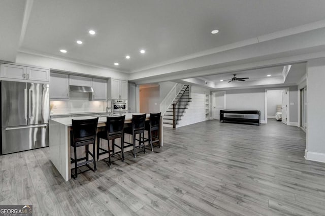 kitchen with a breakfast bar, exhaust hood, a center island with sink, a tray ceiling, and stainless steel appliances