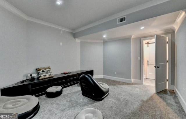 interior space with carpet flooring and ornamental molding