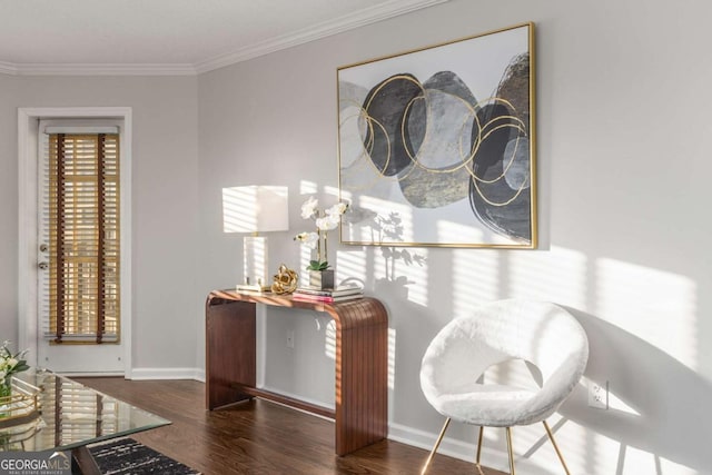 living area featuring dark wood-type flooring and ornamental molding