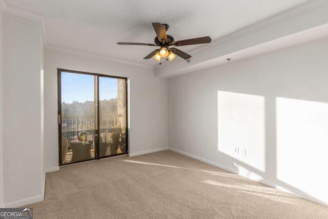 carpeted spare room featuring crown molding and ceiling fan