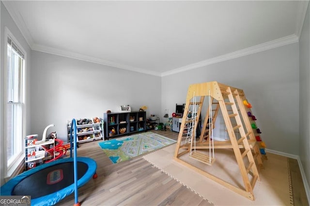 game room featuring wood-type flooring and ornamental molding