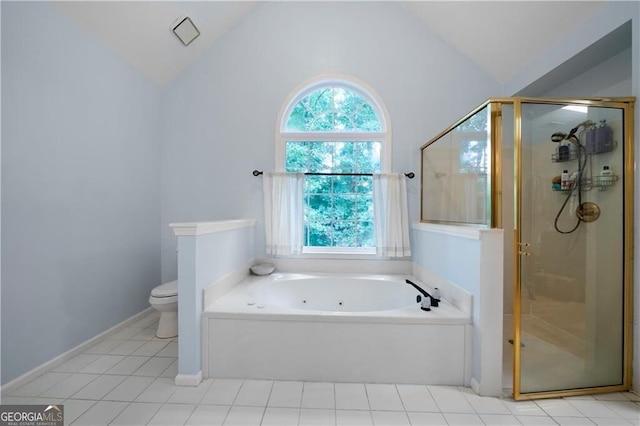 bathroom featuring toilet, tile patterned flooring, vaulted ceiling, and independent shower and bath