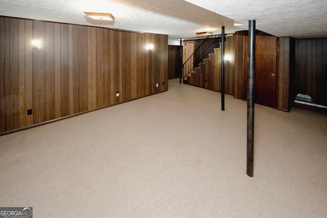 basement with a textured ceiling and wooden walls