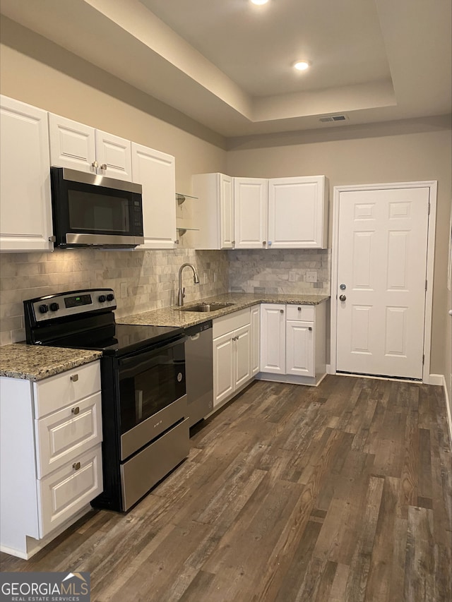 kitchen with dark hardwood / wood-style floors, sink, a tray ceiling, white cabinetry, and appliances with stainless steel finishes