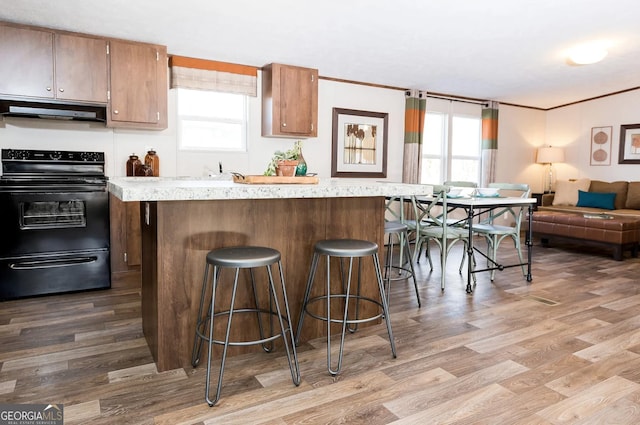 kitchen featuring ventilation hood, light hardwood / wood-style floors, ornamental molding, a kitchen bar, and black range with electric cooktop