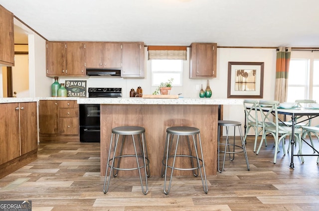 kitchen with plenty of natural light, black electric range oven, a breakfast bar, and light hardwood / wood-style flooring