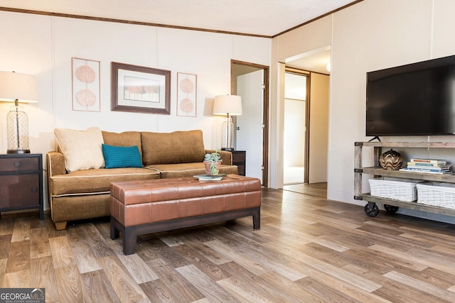 living room featuring crown molding and hardwood / wood-style floors