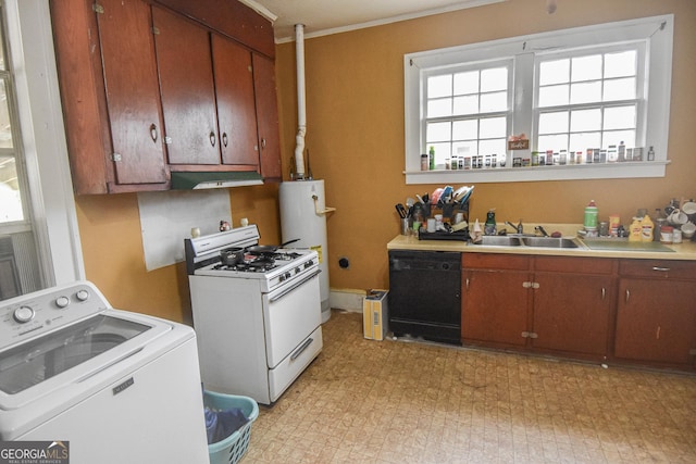 kitchen featuring sink, crown molding, white gas range oven, black dishwasher, and washer / dryer