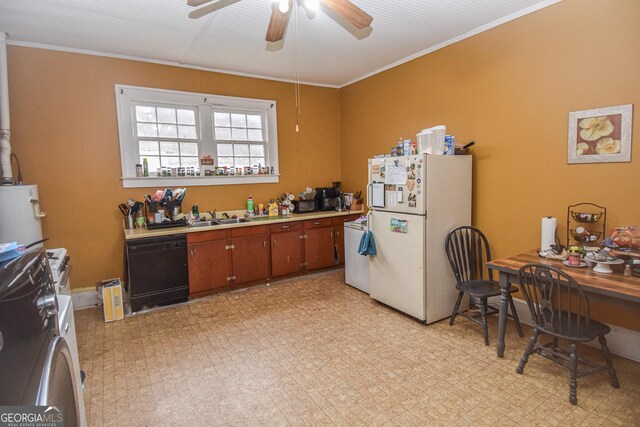 kitchen with ceiling fan, dishwasher, sink, white refrigerator, and washer / dryer