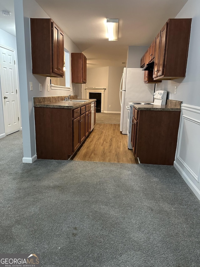 kitchen with light carpet, dark brown cabinets, electric range, and sink