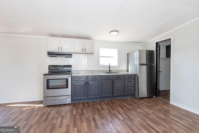 kitchen featuring gray cabinetry, dark wood-type flooring, white cabinets, sink, and stainless steel appliances