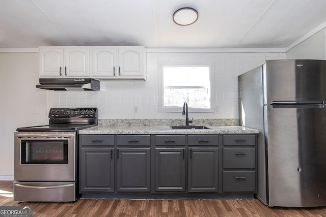 kitchen featuring gray cabinetry, white cabinetry, sink, and appliances with stainless steel finishes