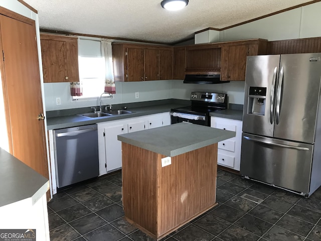 kitchen with appliances with stainless steel finishes, extractor fan, sink, a center island, and lofted ceiling