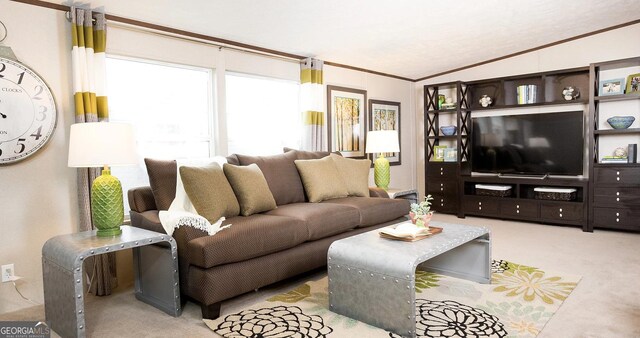 living room with crown molding, light colored carpet, and vaulted ceiling