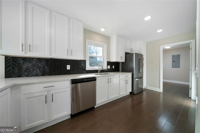 kitchen with electric panel, white cabinets, sink, dark hardwood / wood-style floors, and stainless steel appliances