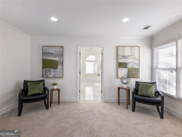 2750 Olde Towne Pkwy, Duluth, GA 30097 - living area featuring light carpet, crown molding, healthy amount of natural light, recessed lighting, and baseboards