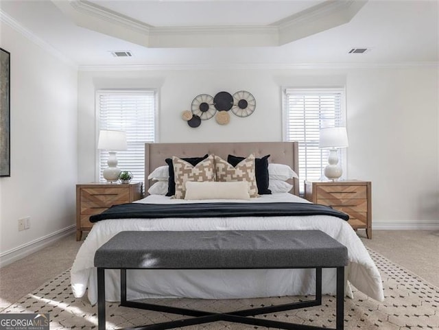 carpeted bedroom with a raised ceiling and ornamental molding