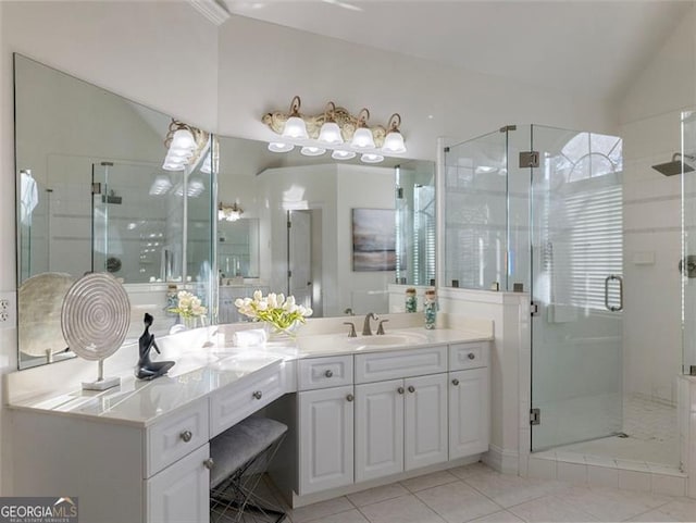 2750 Olde Towne Pkwy, Duluth, GA 30097 - full bath with lofted ceiling, vanity, a stall shower, and tile patterned flooring