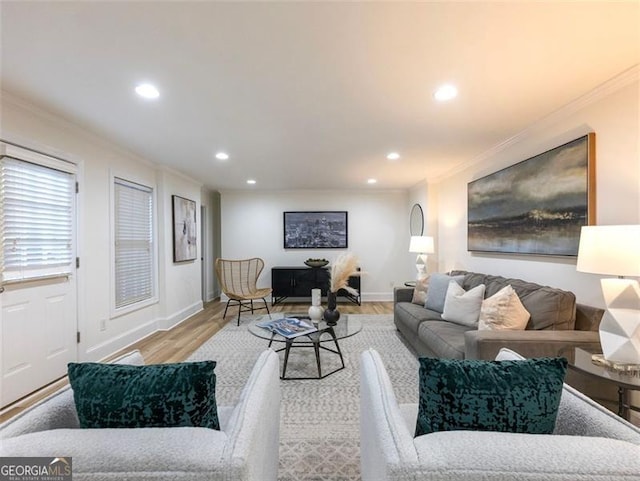 2750 Olde Towne Pkwy, Duluth, GA 30097 - living room featuring crown molding, recessed lighting, wood finished floors, and baseboards