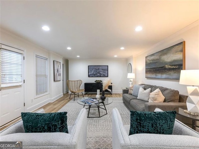 living room featuring light hardwood / wood-style floors and ornamental molding