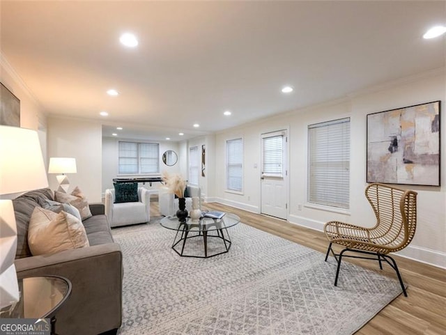 living room with light hardwood / wood-style flooring and crown molding