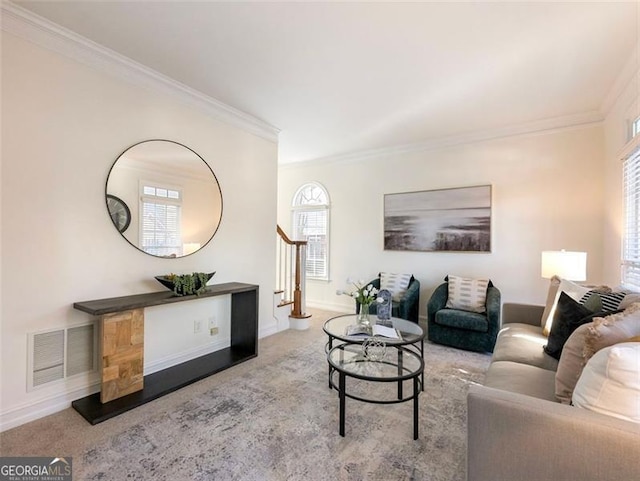 2750 Olde Towne Pkwy, Duluth, GA 30097 - living room featuring stairway, crown molding, carpet, and baseboards