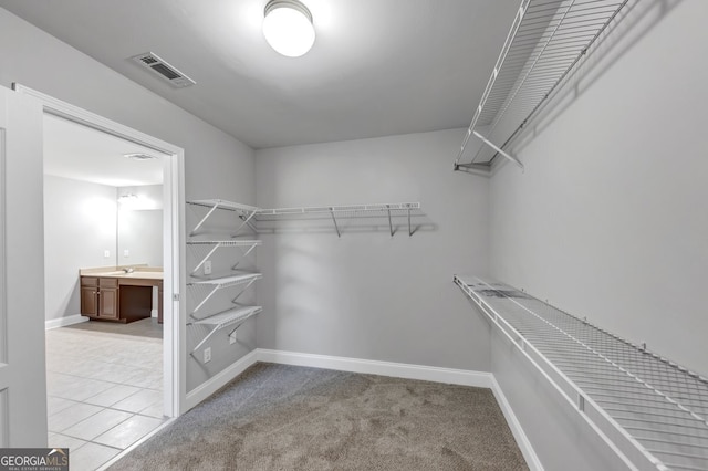 spacious closet featuring light carpet