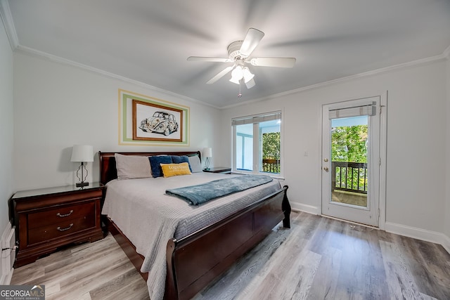 bedroom featuring ceiling fan, crown molding, light hardwood / wood-style floors, and access to outside