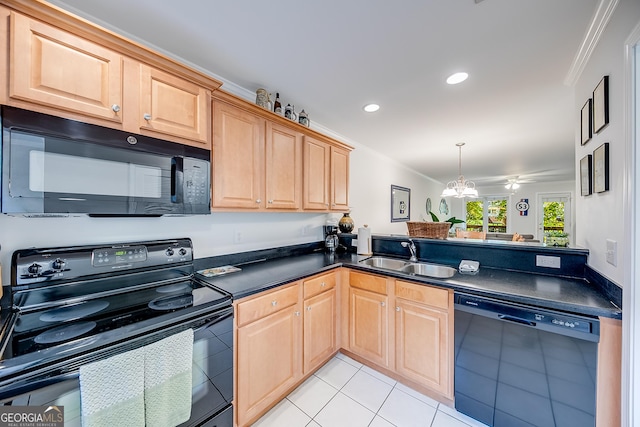 kitchen with an inviting chandelier, light tile patterned floors, ornamental molding, black appliances, and sink