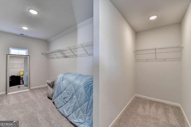 walk in closet with light colored carpet