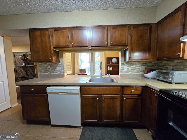 kitchen with tasteful backsplash, sink, white dishwasher, black range with electric cooktop, and light tile patterned floors