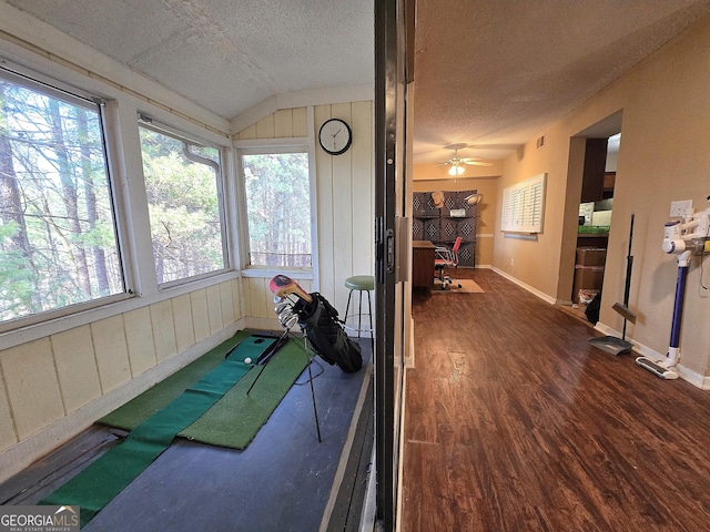 interior space with ceiling fan and lofted ceiling