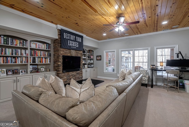 living room featuring a stone fireplace, built in features, wooden ceiling, and ornamental molding