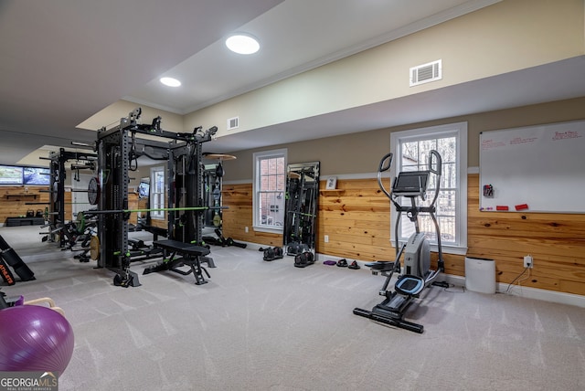 workout area featuring carpet flooring, crown molding, and wooden walls