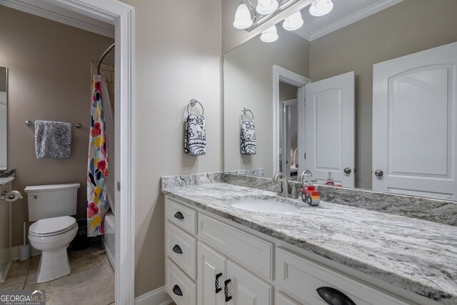 full bathroom with vanity, shower / bath combo, tile patterned flooring, toilet, and ornamental molding