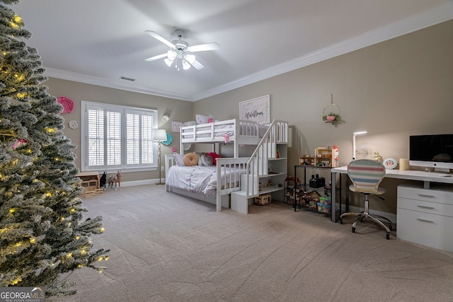 bedroom featuring ceiling fan, light carpet, and ornamental molding