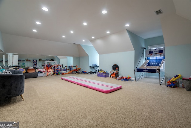 game room featuring carpet flooring and lofted ceiling