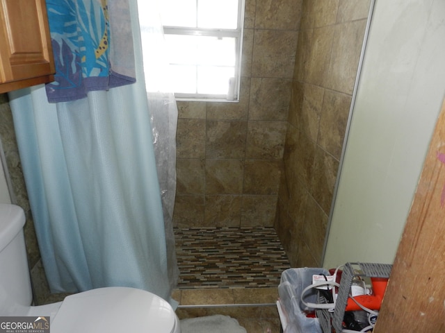 bathroom with toilet and a shower with shower curtain