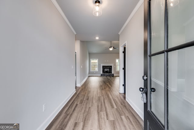 hall with crown molding and light hardwood / wood-style flooring