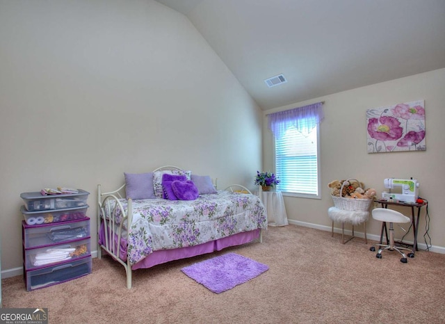 bedroom featuring carpet flooring and lofted ceiling