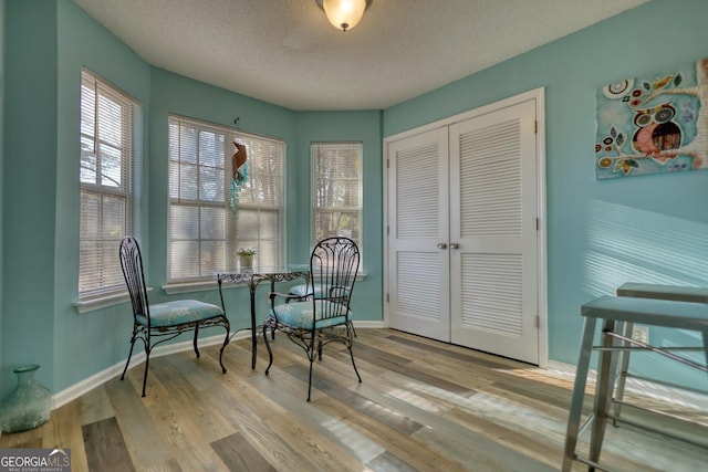 sitting room featuring a textured ceiling and light hardwood / wood-style flooring