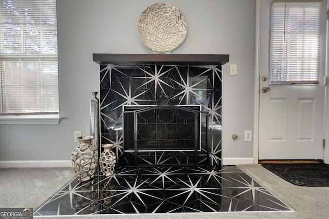 room details with a fireplace and carpet