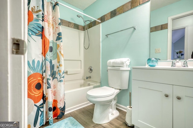 full bathroom with toilet, wood-type flooring, vanity, and shower / bath combination with curtain