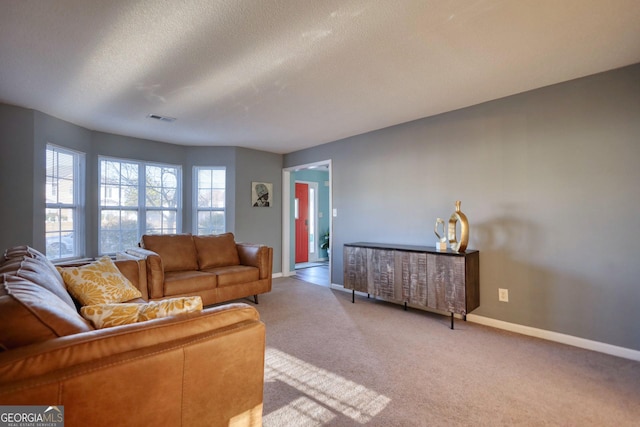 living room featuring a textured ceiling and light carpet