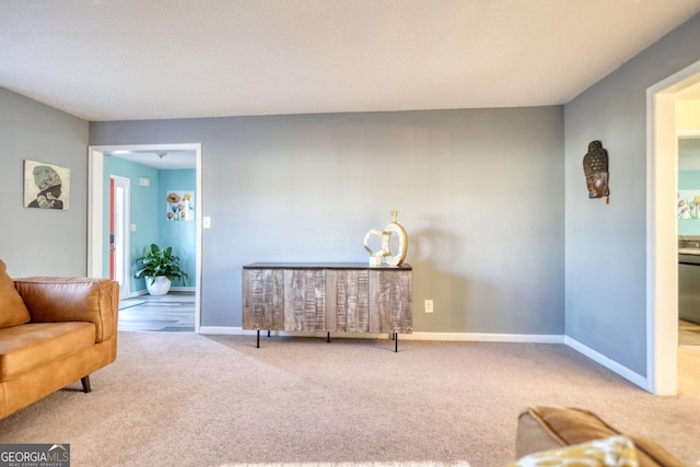 living area featuring light colored carpet