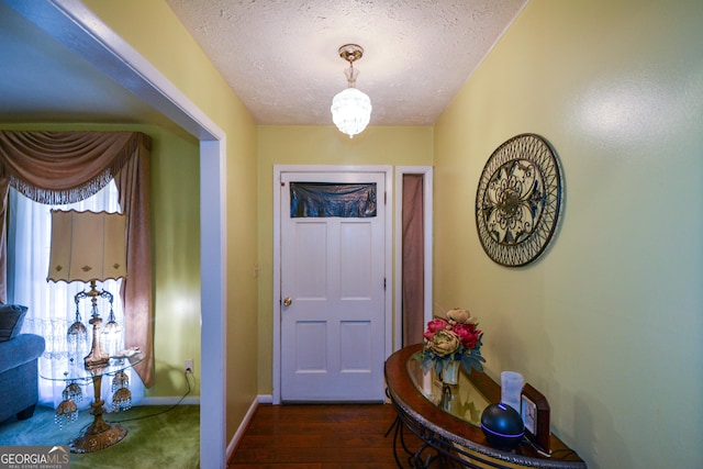 doorway with dark hardwood / wood-style flooring and a textured ceiling