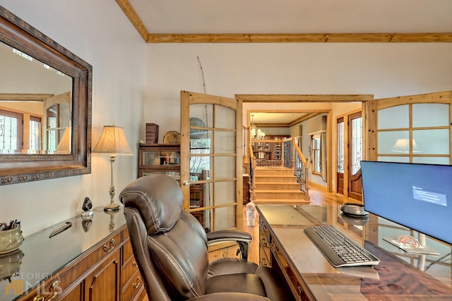 office area featuring french doors, hardwood / wood-style flooring, and ornamental molding