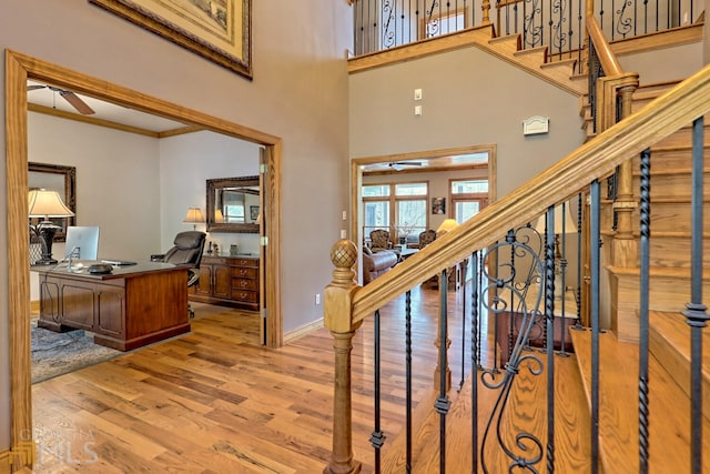 interior space with a towering ceiling, light hardwood / wood-style flooring, ceiling fan, and crown molding