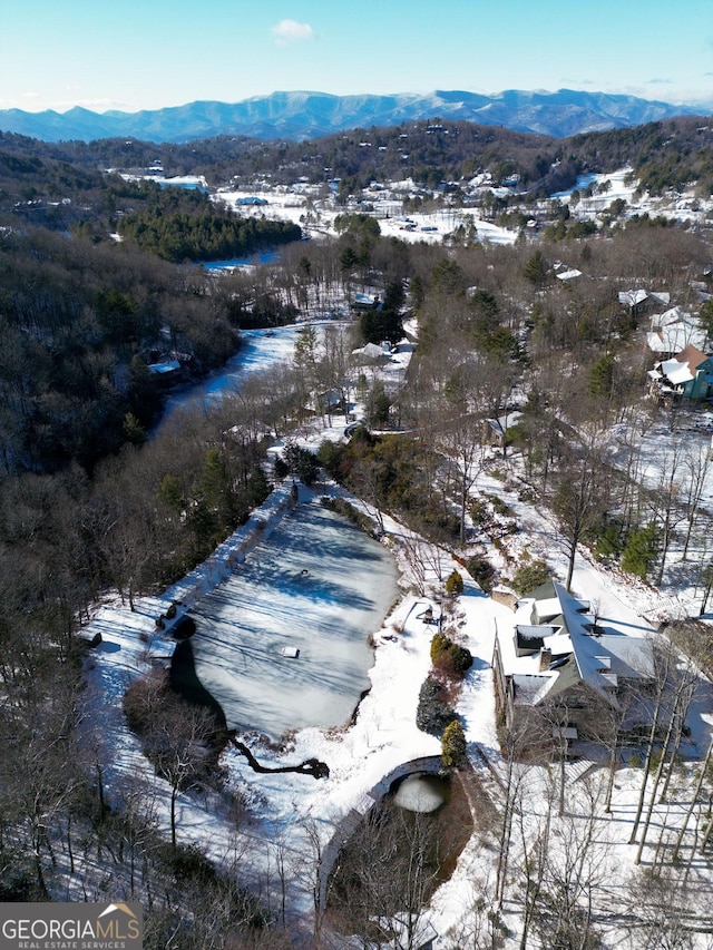 snowy aerial view featuring a mountain view