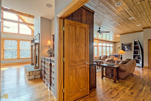 corridor featuring light hardwood / wood-style flooring and wood ceiling